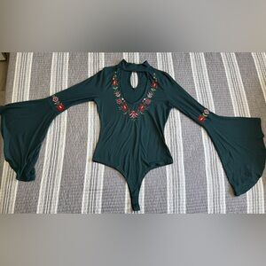 Embroidered Floral Green Bell-Sleeve Bodysuit